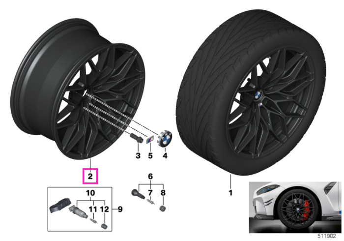 Janta aliaj usor - M Performance Cross Spoke 1000M - Negru (Jet Black Matt) - 10,5Jx21 ET:20 - BMW Seria 2 G87M2, Seria 3 G80M3 G81M3, Seria 4 G82M4 G83M4