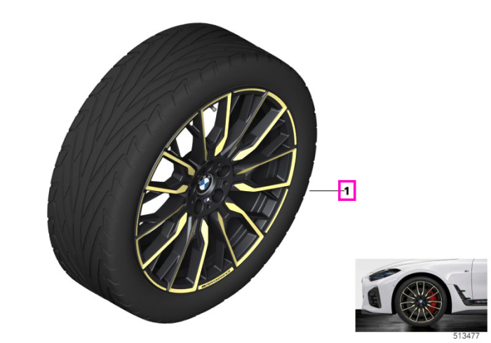 Set roți complete de vară - M Performance Double Spoke 868M (bright milled, flow forming) cu anvelopa Goodyear Eagle F1 Asymmetric 5 - 245/35R20 95Y XL FA / 255/35R20 97Y XL RA - BMW Seria 4 Gran Coupe G26