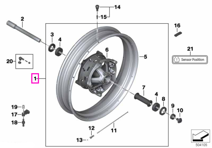 Janta Cross-spoked (spite incrucisate), aurie Gold), fata (3.0x19 inch) - BMW Motorrad K50 (R 1200 GS, R 1250 GS), K51 (R 1200 GS Adv., R 1250 GS Adv.) - tip motor A74