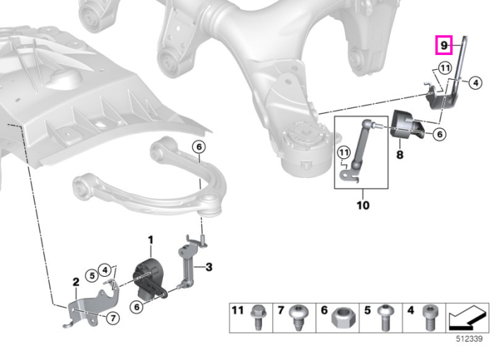  Suport senzor nivel suspensie dreapta, reglare verticala faruri - BMW Seria 5 G30 G31 G38 F90 M5, Seria 6 G32, Seria 7 G11 G12, Seria 8 G14 G15 G16 F91 F92 F93 M8