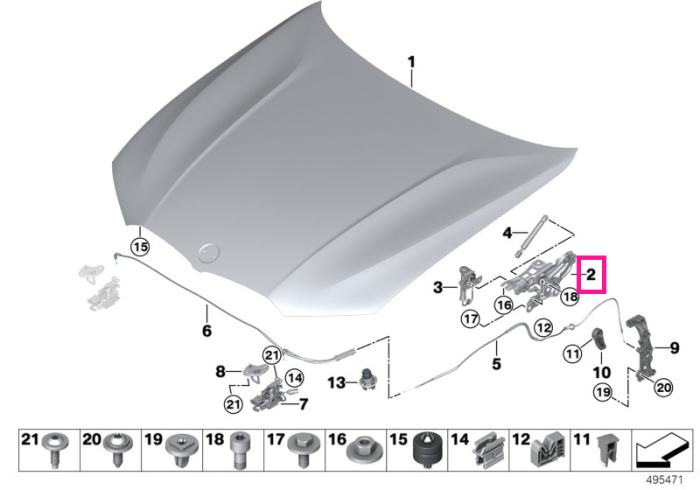 Balama capota motor, dreapta - BMW Seria 2 G42 G87 M2, Seria 3 G20 G21 G28 G80 G81 M3, Seria 4 G22 G23 G26 G82 G83 M4, i3 G28, i4 G26	