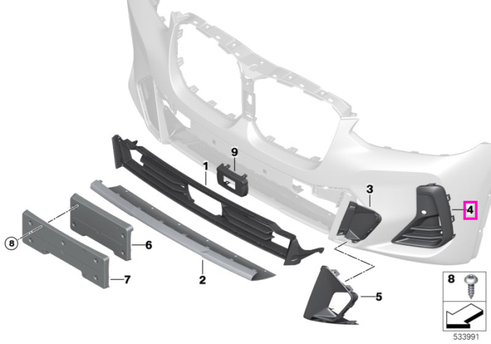 Ornament canal aer cu orificiu senzor PDC, bara fata, dreapta - BMW iX3 G08 BEV, X3 G01 G08, X4 G02