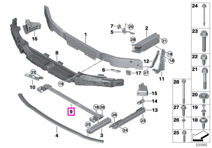 Traversa inferioara structura frontala - BMW Seria 1 F40 F52, Seria 2 F44 F45 F46, X1 F48, X1L F49, X2 F39 - Mini Cabrio F57 F57 BEV, Clubman F54, Countryman F60, F55, F56 BEV
