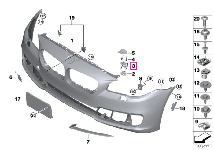 Parghie fixare bara protectie fata, dreapta - BMW Seria 5 F10 F11 F18