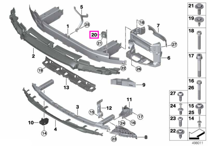 Suport interior traversa bara protectie fata - BMW Seria 5 G30 G31 G38 F90 M5, Seria 6 G32, Seria 7 G11 G12