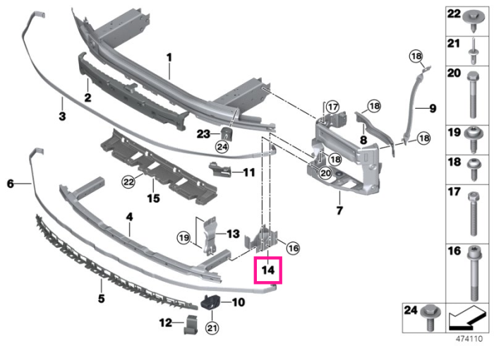 Suport dreapta, bara impact inferioara - BMW Seria 5 G30 G31 G38 F90 M5, Seria 6 G32, Seria 7 G11 G12, Seria 8 G14 G15 G16 F91 F92 F93 M8