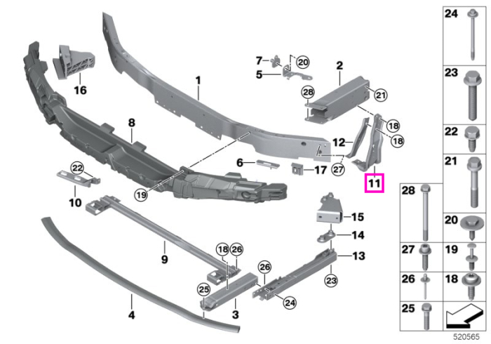Montant vertical dreapta, bara protectie fata - BMW Seria 1 F40 F52, Seria 2 F44 F45 F46, X1 F48, X1L F49, X2 F39, Zinoro M13 - Mini Cabrio F57, Clubman F54, Countryman F60, F55, F56