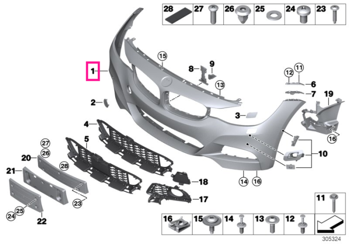 Bara protectie fata, primerizata, PDC/PMA/SRA/SVC - BMW Seria 3 F34 GT