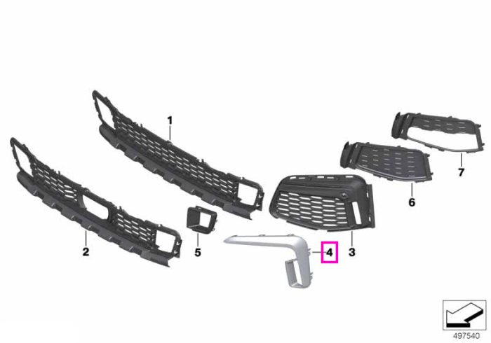 Ornament dreapta M, cromat, negru (Shadow Line), bara protectie fata - BMW Seria 7 G11 G12