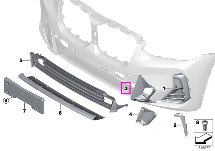Ornament canal admisie aer, bara protectie fata, dreapta - BMW iX3 G08, X3 G01 G08, X4 G02	