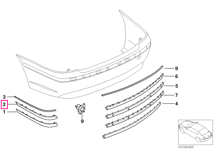 Ornament/Bandou protectie bara spate, dreapta, primerizat - BMW Seria 7 E65 E66	