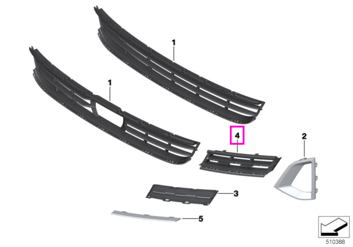 Grila admisie aer, deschisa, bara fata, dreapta, Basis - BMW Seria 5 G30 G31