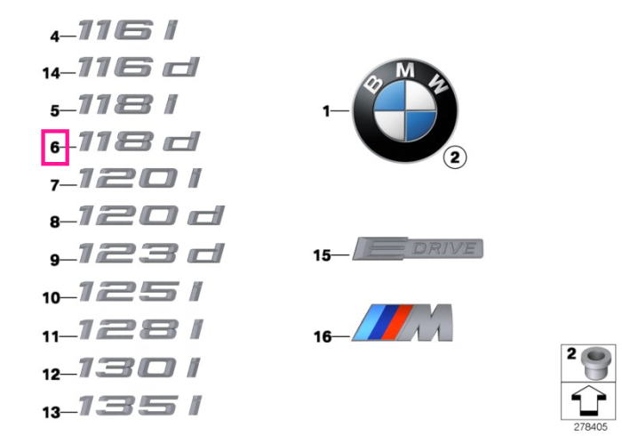 Emblema "118d" - BMW Seria 1 E81 E82 E87 E88 F20 F21