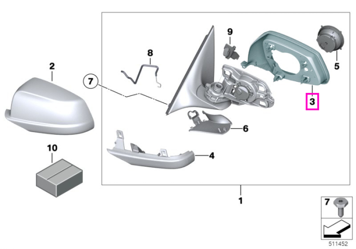 Rama sustinere oglinda exterioara, dreapta - BMW Seria 5 E60 E61 F10 F11 F18, Seria 6 E63 E64 F12 F13, Seria 7 F01 F02 F04