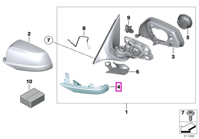 Carcasa inferioara oglinda exterioara stanga, Shadow‑Line - BMW Seria Seria 5 E60 E61 F07 F10 F11 F18, Seria 6 E63 E64 F06 F12 F13, Seria 7 F01 F02 F04