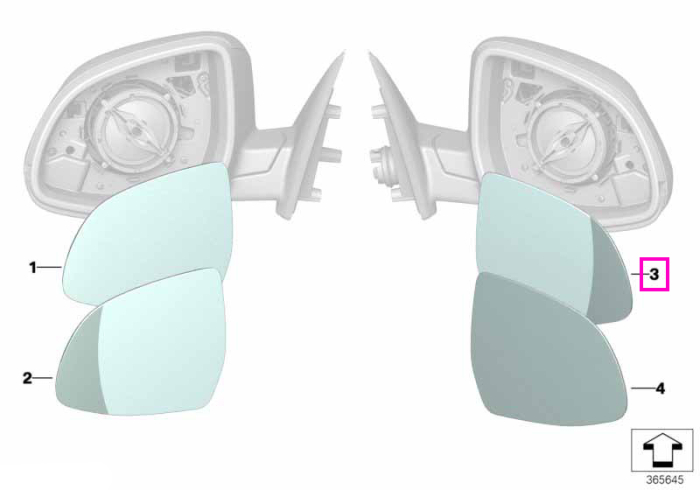 Sticla oglinda laterala dreapta, cromata, incalzita, wide-angle - BMW iX3 G08 BEV, X3 F25 G01 G08 M F97, X4 F26 G02 M F98, X5 F15 G05 M F85 M F95, X6 F16 G06 M F86 M F96, X7 G07, XM G09