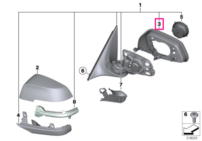 Ornament sustinere oglinda laterala, dreapta, SWA - BMW Seria 5 F10 F11 F18, Seria 6 F12 F13, Seria 7 F01 F02	