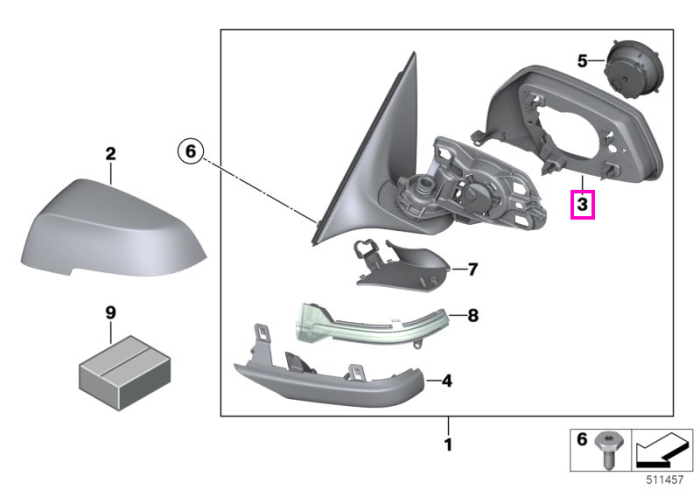 Inel suport oglinda laterala, varianta SWA/Shadow Line, dreapta - BMW Seria 5 F07 F10 F11 F18, Seria 6 F12 F13, Seria 7 F01 F02