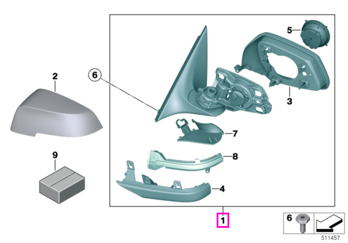 Ansamblu oglinda exterioara dreapta, fara sticla, incalzita, cu finisaj Shadow-Line - BMW Seria 5 F10 F11 F18