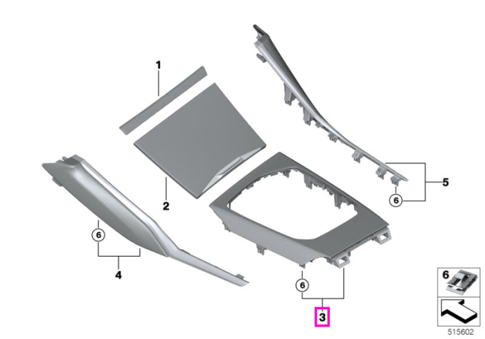 Ornament consola centrala, fibra de carbon lucioasa - BMW Seria 2 G42 G87 M2, Seria 3 G20 G21 G28 G80 G81 M3, Seria 4 G22 G23 G26 G82 G83 M4, i3 G28, i4 G26