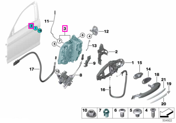Mecanism incuietoare usa fata, dreapta - BMW Seria 5 G30 G31 F90 M5, Seria 6 G32, Seria 7 G11 G12, Seria 8 G14 G15 G16 F91 F92 F93 M8, X5 G05