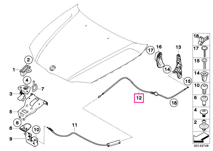 Cablu mecanism deschidere capota motor, in spate - BMW Seria 1 E87, Seria 3 E90 E91