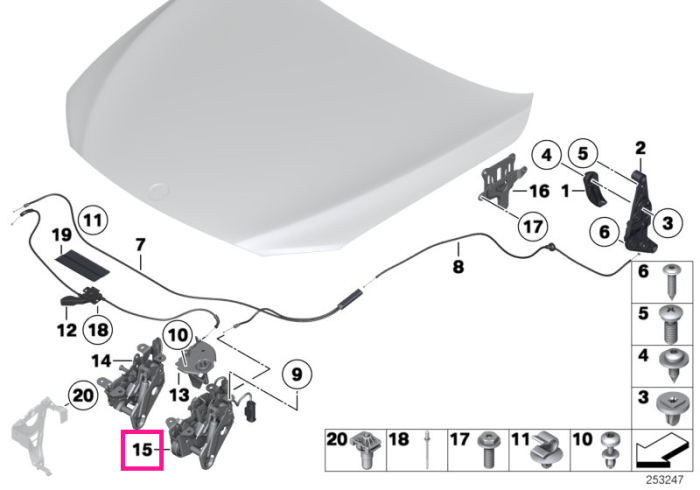 Sistem inchidere activa capota motor, dreapta - BMW Seria 5 F10 F11 F18, Seria 6 F06 F12 F13, Seria 7 F01 F02 F04, Z4 E89