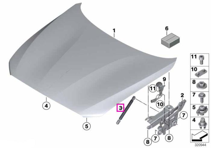 Amortizor gaz capota motor (pasiv) - BMW Seria 1 F20 F21, Seria 2 F22 F23 F87 M2, Seria 3 F30 F31 F34 F35, Seria 4 F32 F33 F36, MS BMW Motorsport