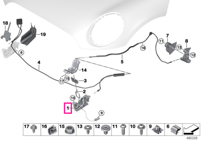 Sistem inchidere capota motor, stanga - Mini Cabrio F57, Clubman F54, Countryman F60, F55, F56