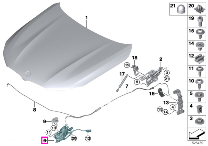  Mecanism actionare capotă motor cu protectie pietoni (sistem FGS), dreapta - BMW Seria 5 G30 G31 G38 F90 M5, Seria 6 G32, Seria 8 G14 G15 G16 F91 F92 F93 M8, Z4 G29	