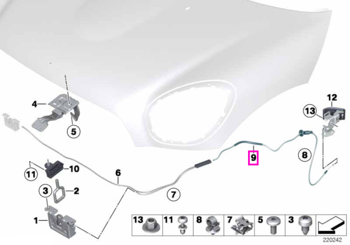 Cablu Bowden deschidere capota motor, posterior - Mini Countryman R60, Paceman R61