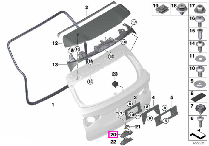 Buton deschidere capac portbagaj/haion, varianta cu camera marsarier (RFK) - BMW Seria 2 F44 G42 G87 M2, Seria 3 G20 G21 G28 G80 G81 M3, i3L G28 BEV, iX3 G08 BEV, X3 G01 G08 M F97