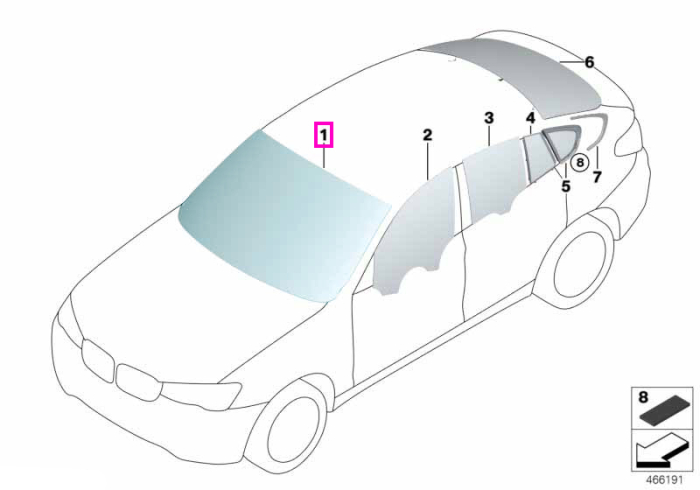 Parbriz tenta verde, cu banda parasolar gri - BMW X4 F26 - cu 03AP (Windscreen with grey wedge)