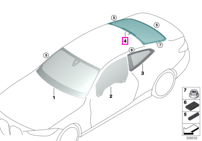 Luneta, tenta verde, SSG - BMW Seria 4 G22 G82 M4 - cu protectie solara (0420 Sun protection glazing)