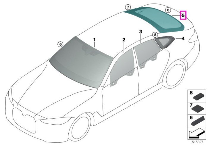 Luneta, tenta verde, antena incorporata - BMW Seria Seria 4 G26, i4 G26 - fara protectie solara (0420 Sun protection glazing)