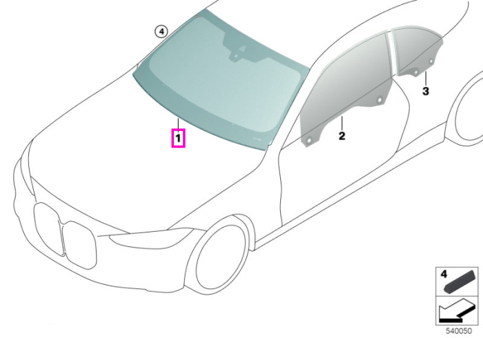 Parbriz tenta verde, preechipare senzori ploaie/lumina, anticondens, KAFAS/HUD - BMW Seria 4 G23 G83 M4 - de la 01.03.2023 - cu 05AU (Driving assistant professional) / cu 06U3 (BMW Live operating area Professional)