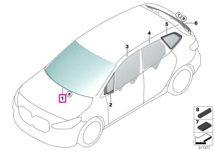 Parbriz tenta verde, preechipare senzori ploaie/lumina, anticondens, KAFAS - BMW Seria 2 U06 Active Tourer - cu 06U3 (BMW Live operating area Professional) / fara 05AU (Driving assistant professional)
