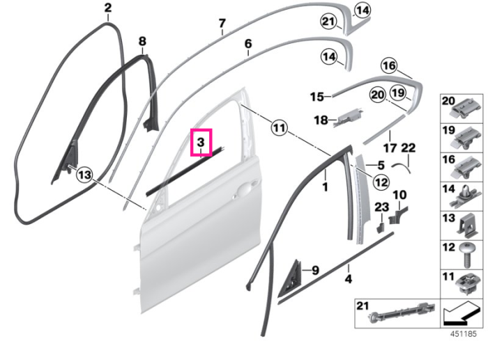 Ornament interior etansare baza geam usa fata, dreapta - BMW Seria 3 F30 F31 F35 F80 M3