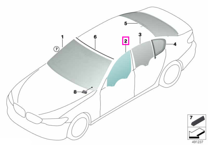 Geam usa fata, stanga, tenta verde (ESG) - BMW Seria 5 G30 G31 F90 M5