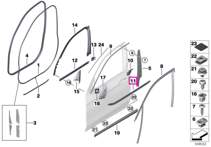 Bandou/Ornament geam portiera fata, stanga, aluminiu satinat - BMW iX3 G08, X3 G01 G08 F97 M, X4 G02 F98 M