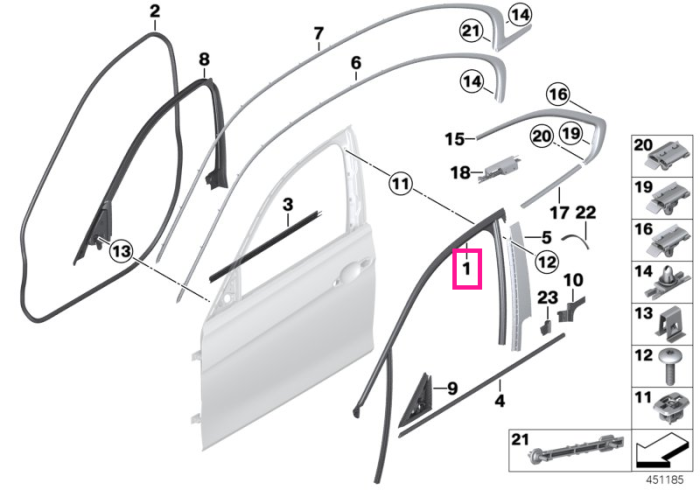 Garnitura ghidaj geam usa fata, stanga - BMW Seria 3 F30 F31 F35 F80 M3