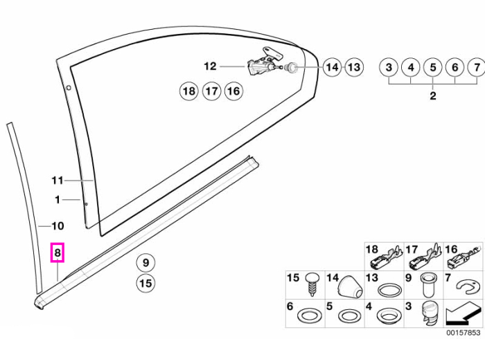 Cheder/Garnitura baza geam usa spate, stanga - BMW Seria 3 E46