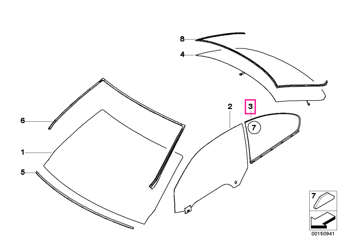 Geam lateral, spate, stanga, tenta verde - BMW Seria 3 E92