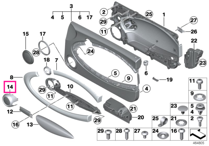 Grila ornamentala difuzor superior, usa stanga, argintiu - Mini Cabrio R57, Clubman R55, Coupe R58, Roadster R59, R56