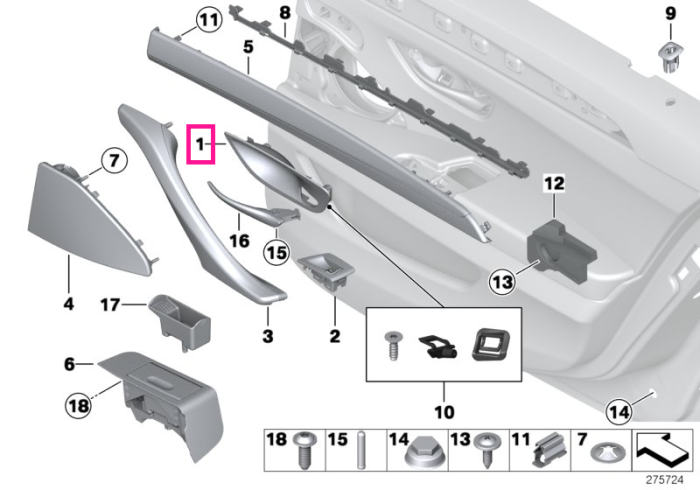 Ornament clapeta interioara deschidere usa, stanga, Gri (EverestGrau) - BMW Seria 5 F10 F11 F18	