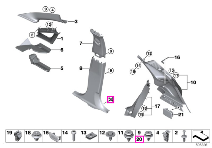 Clips cu garnitura etansare, gri - BMW Seria 1, Seria 2, Seria 3, Seria 4, Seria 5, Seria 6, Seria 8, X1, X3, X4, X5, X6 - Mini