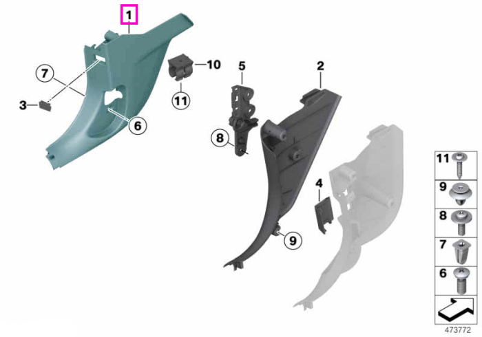 Ornament lateral inferior, dreapta, zona picioare, negru - BMW Seria 4 F32 F33 F82 F83 M4