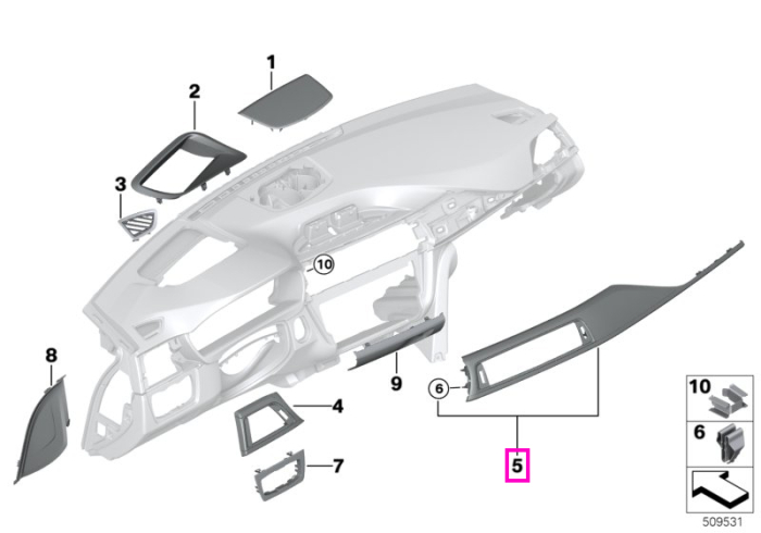 Ornament plansa bord, partea pasager, negru lucios cu benzi rosu coral mat - BMW Seria 3 F30 F31 F34, Seria 4 F32 F33 F36