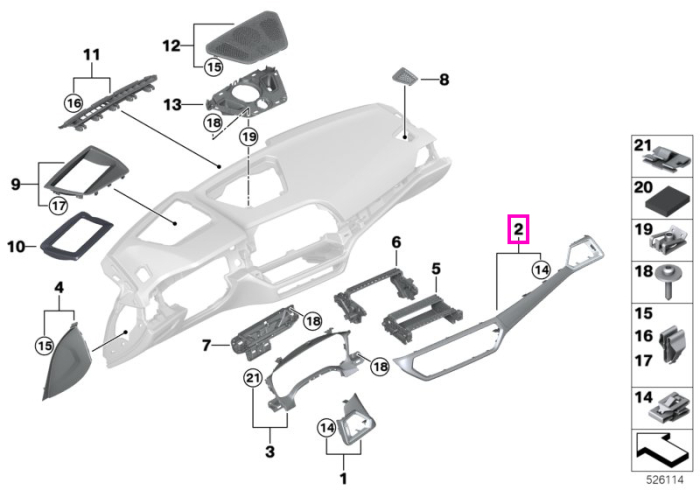 Ornament plansa bord, partea pasagerului, fibra de carbon - BMW Seria 2 G87 M2, Seria 3 G20 G21 G80 G81 M3, Seria 4 G22 G23 G26 G82 G83 M4, i4 G26
