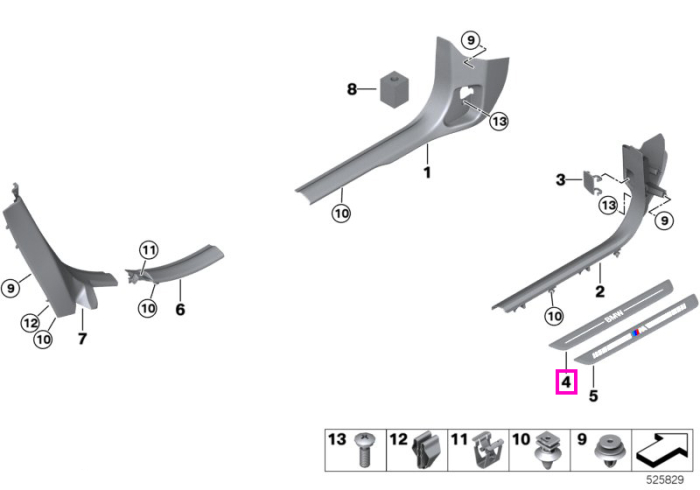 Ornament prag lateral fata "BMW" - BMW Seria 2 U06, Seria 5 G60 G61, iX I20, X1 U11 U12, X2 U10, X4 G45